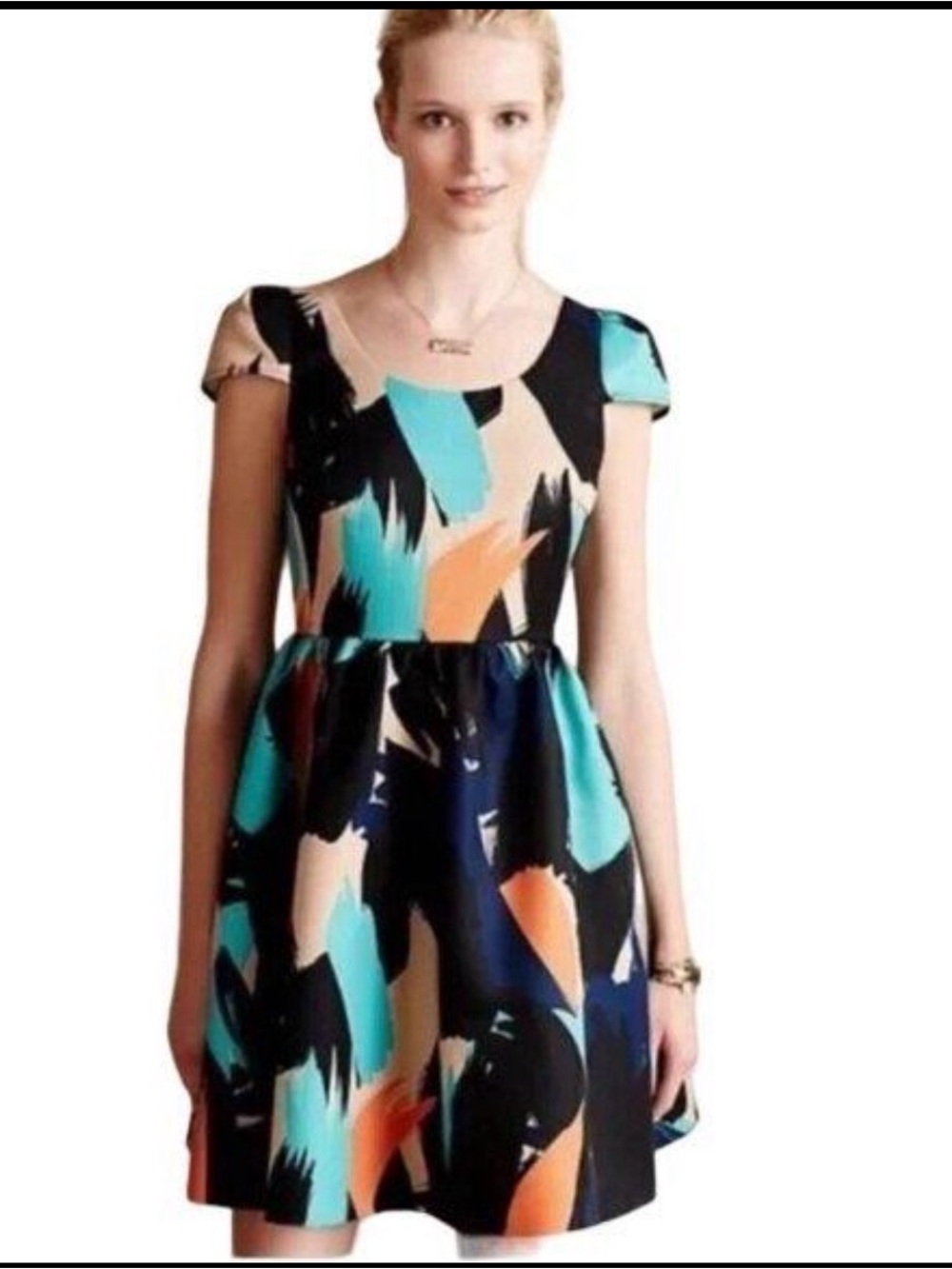 Women’s Black Abstract Print Party Dress with Teal & Orange Accents
